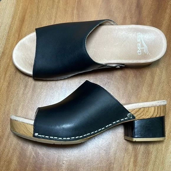 Dansko Maci Leather Slip On Clog Platform Sandals Black & Tan Size 37 (US 6.5-7) - Picture 2 of 16